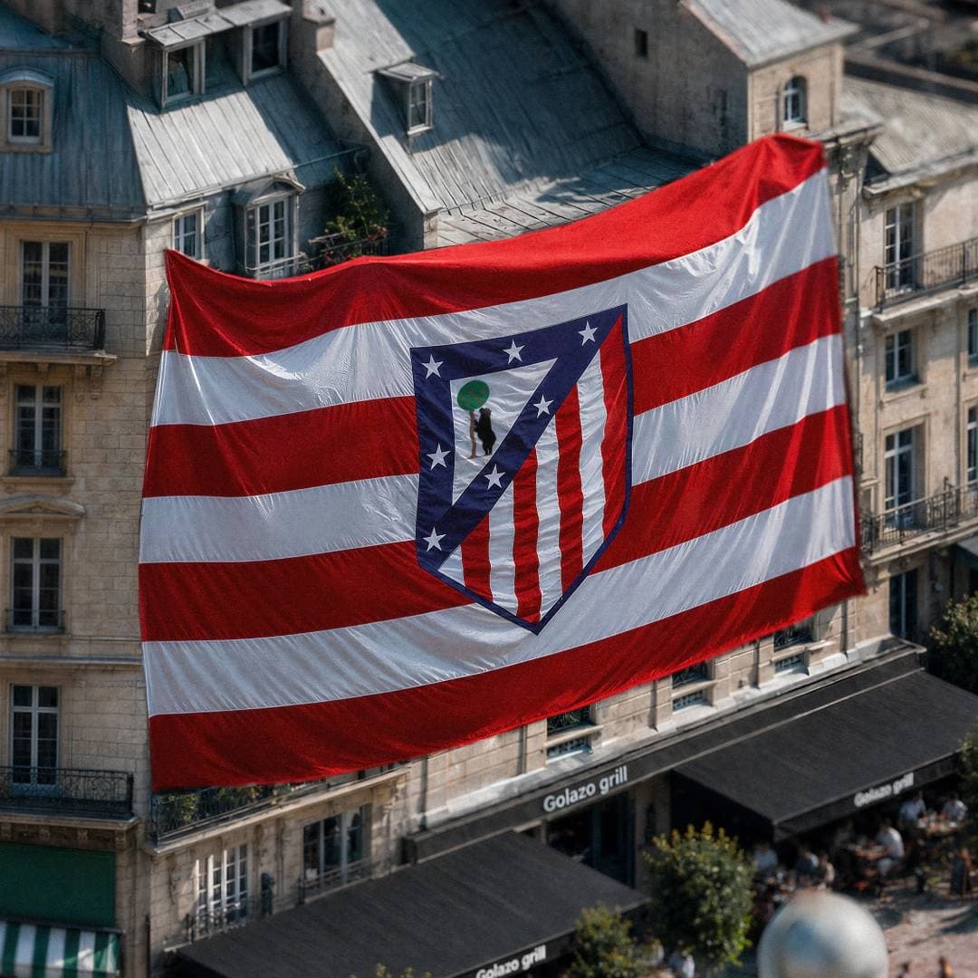 A giant red and white Atletico-style club flag hangs between city buildings.