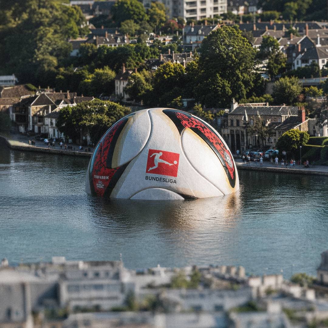 A giant football floats along a city river while people watch from the waterfront.
