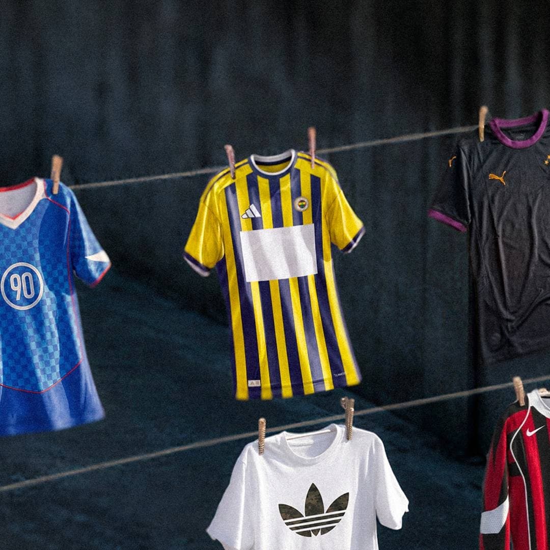 Fenerbahce jersey and retro sportswear hanging on washing lines.
