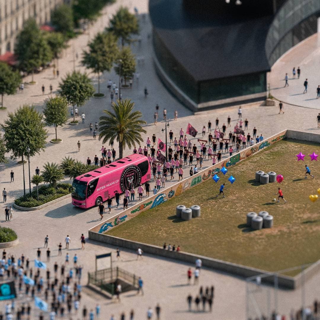 Inter Miami team bus with fans and floating game targets nearby.