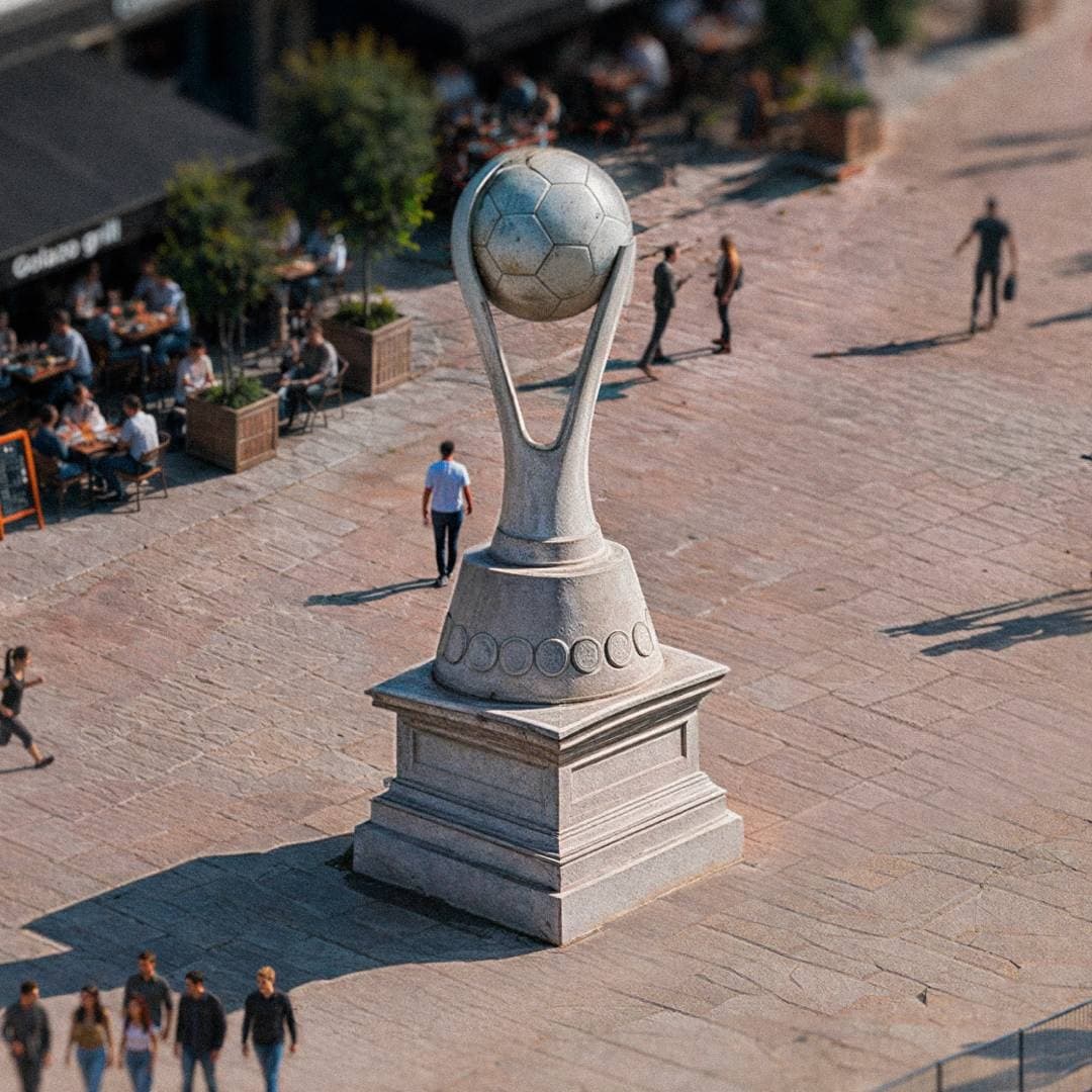 A giant Liga MX trophy standing in the middle of a city square.