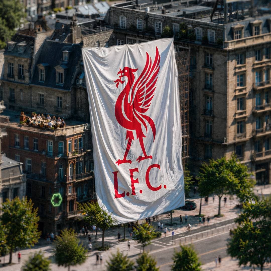 Grande banner Liverpool FC con Liver Bird su un edificio cittadino.