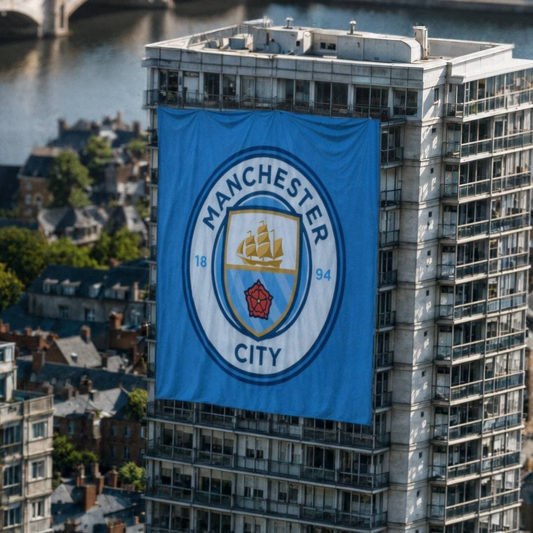 Gigantesco banner Manchester City che copre il lato di un grattacielo.