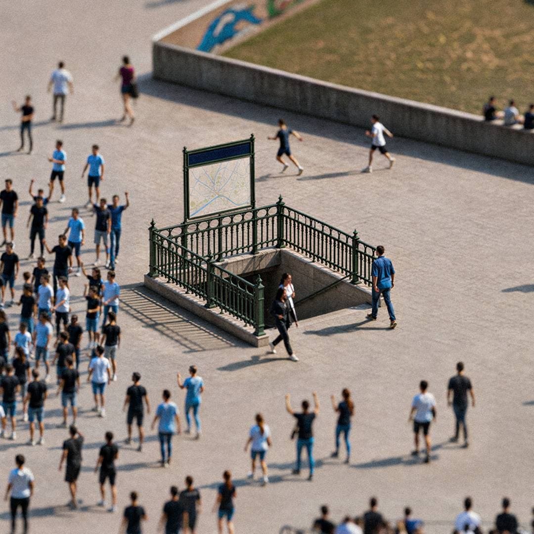 Ingresso metro in una piazza affollata con tifosi nelle vicinanze.