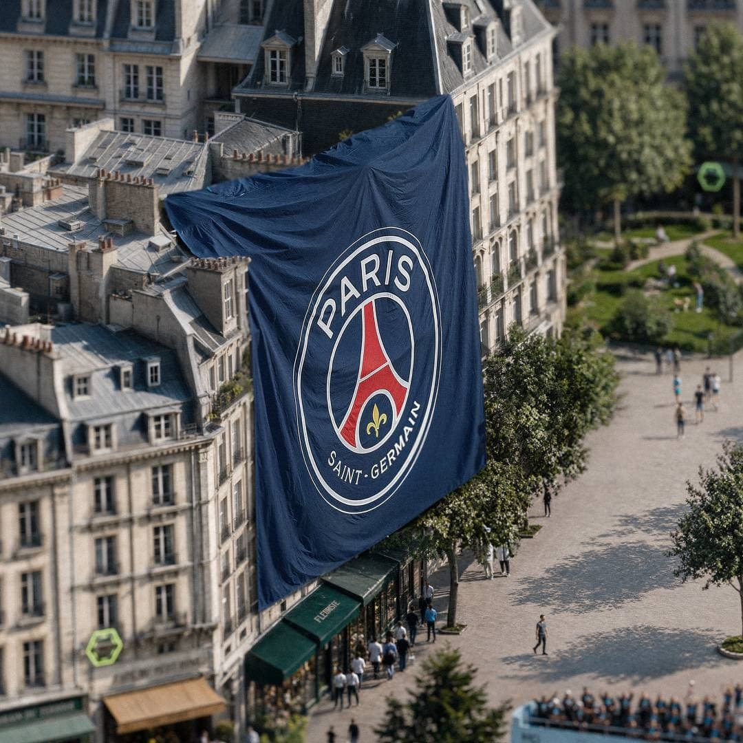 Grande banner Paris Saint-Germain appeso su un edificio cittadino.