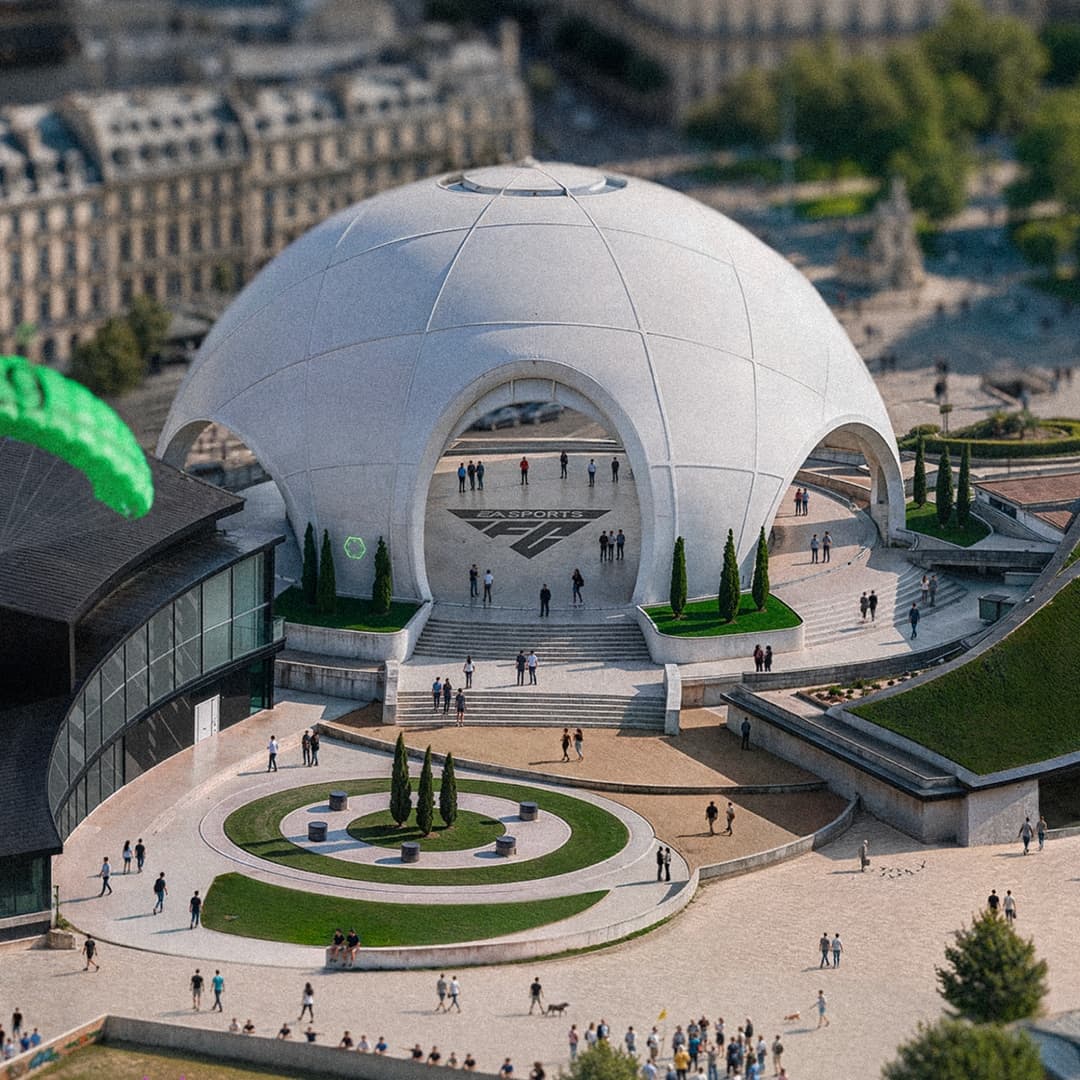 Grande padiglione a cupola bianco con branding EA SPORTS FC in una piazza.